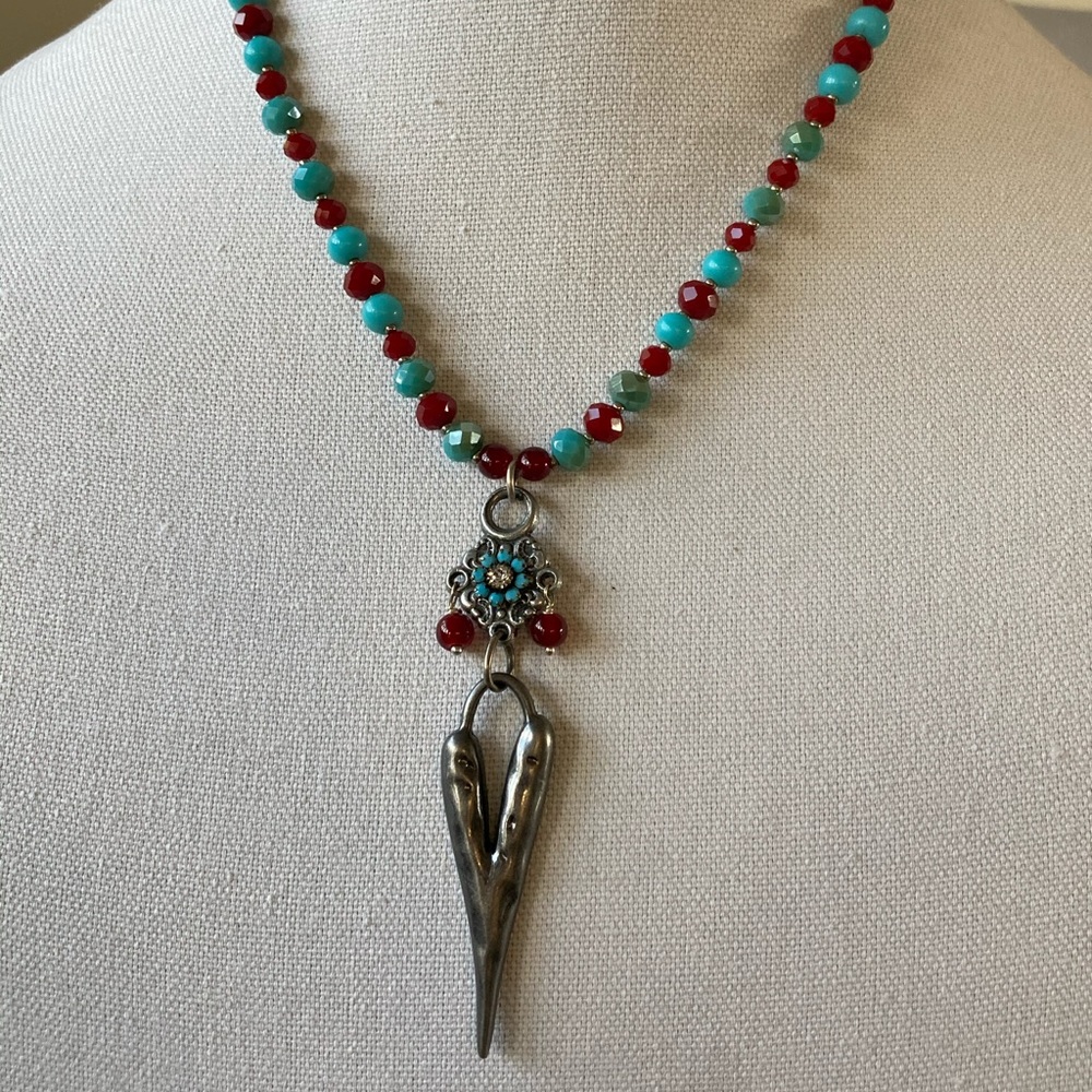 Boho Long Heart Beaded Necklace in Turquoise & Red Czech Pressed Glass Beads
